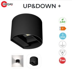 Applique LED Up & Down 10w Luce Calda Tondo Bidirezionale IP65 Nero 800 Lumen